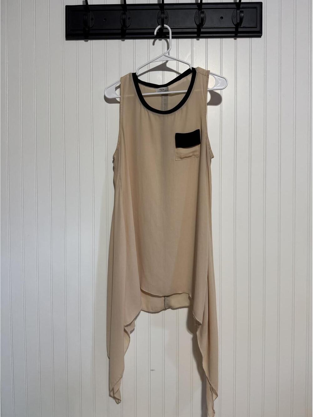VLD Tan Sleeveless Handkerchief Hem Tunic Blouse Black Trim L/XL
